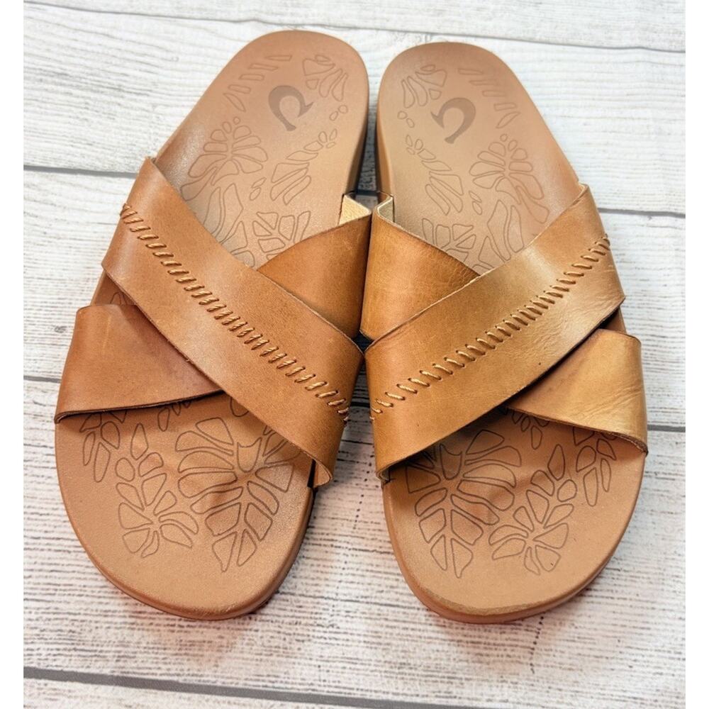 OluKai Women’s Kipe'a Olu Sandals Beige Leather Slide Comfort Slip On Size 11 - Picture 4 of 7